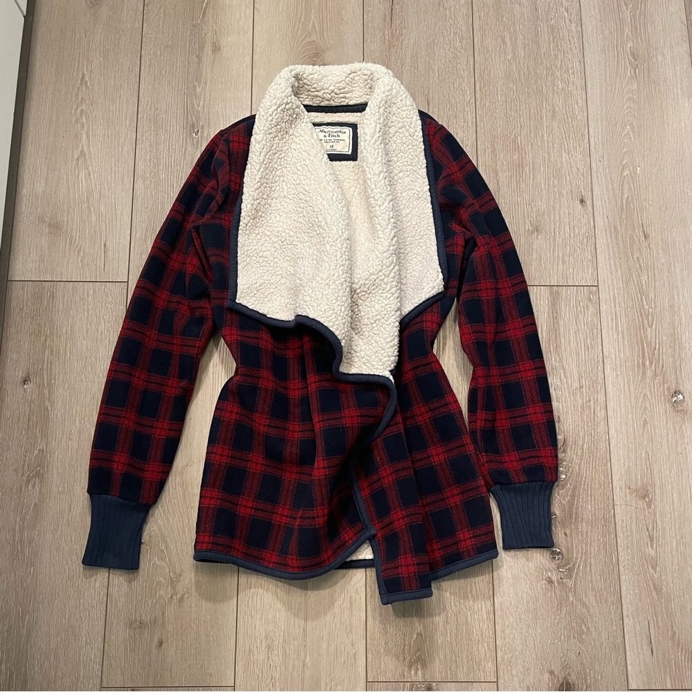Abercrombie & Fitch Buffalo Plaid Fleece Sherpa Lined Cardigan Women Medium‎